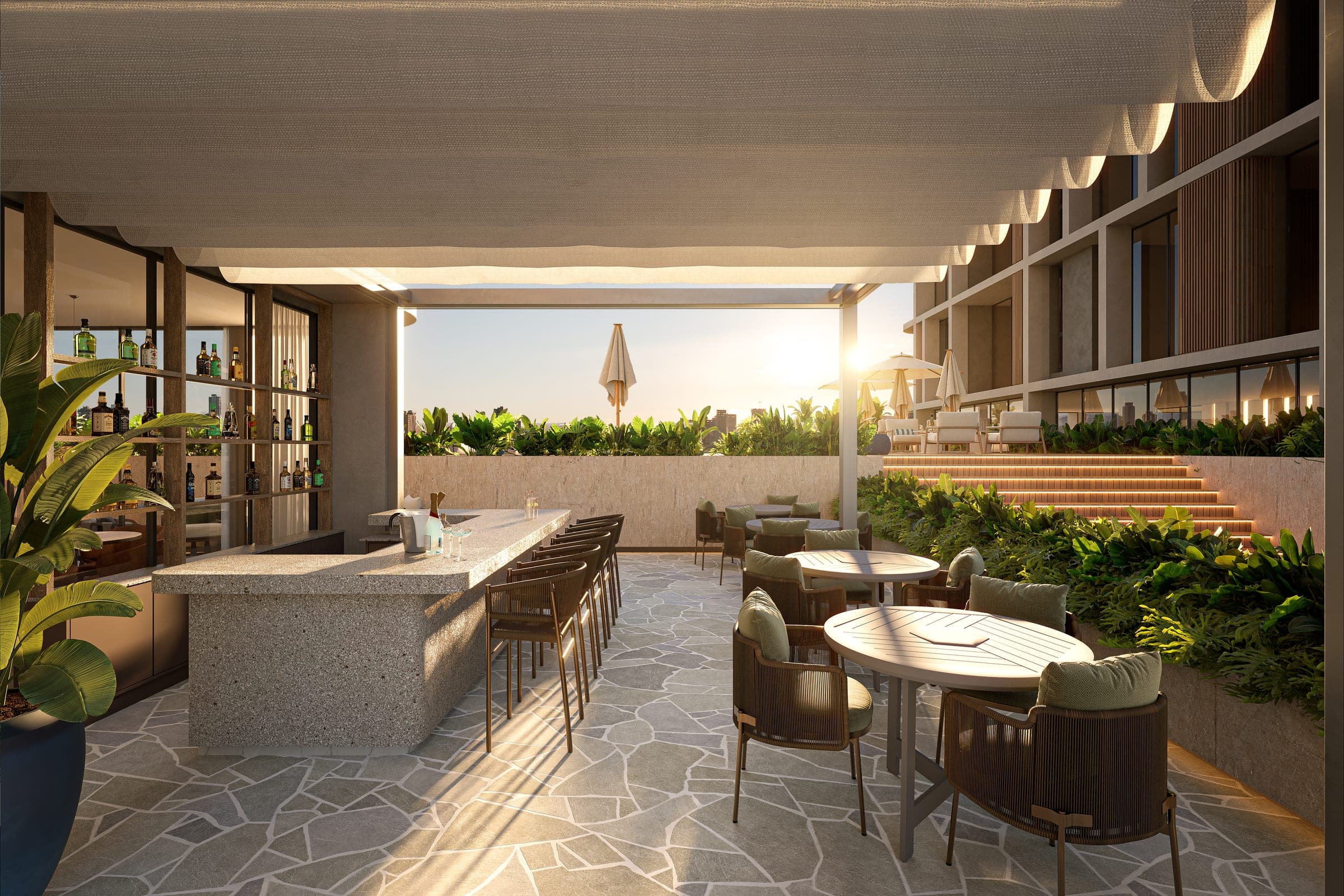 Bar da piscina externa com vista para o horizonte ao entardecer