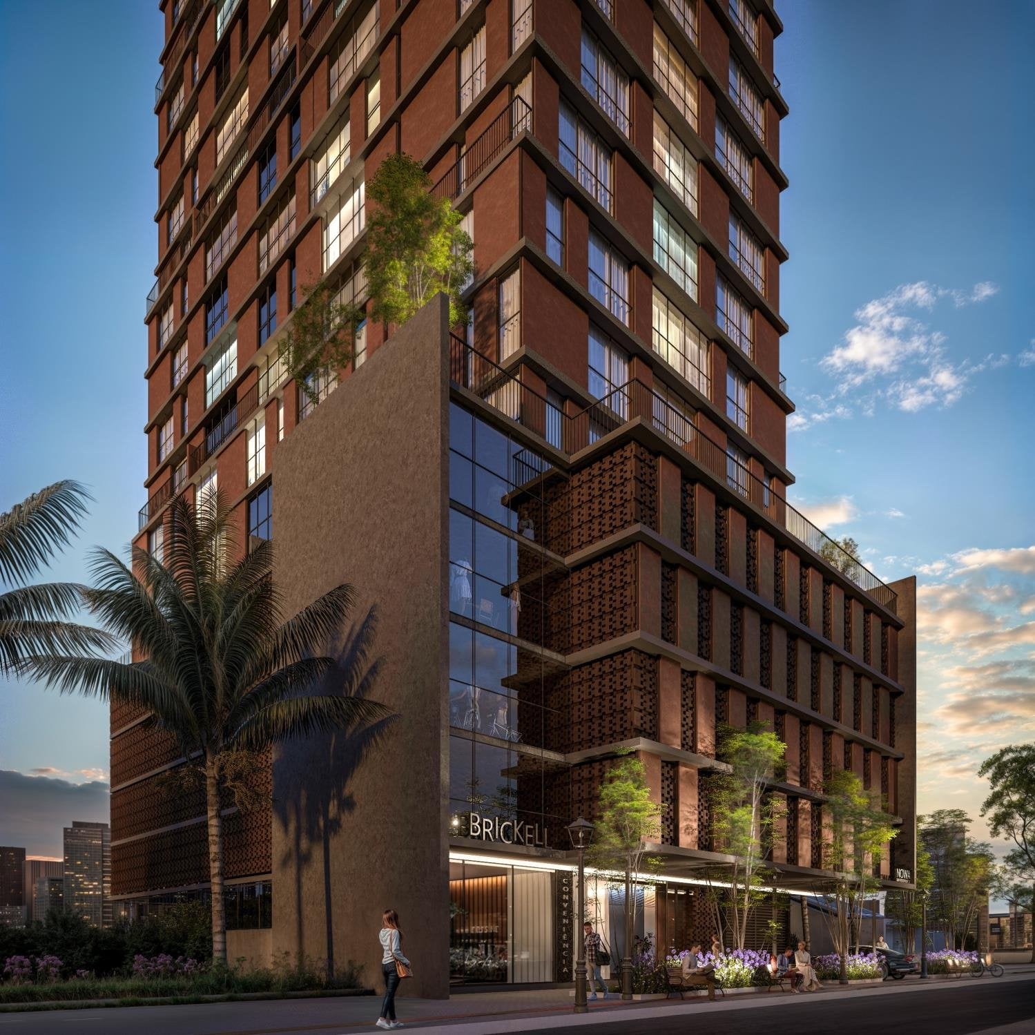 Fachada e entrada do Brickell — render ilustrativo, Praia Brava, Itajaí
